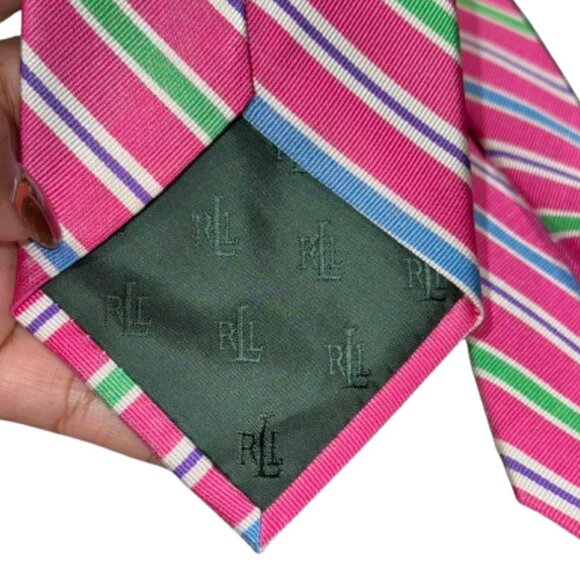 Lauren Ralph Lauren Pink Blue Green Stripe Preppy Academia Heritage 100% SilkTie - Picture 6 of 10